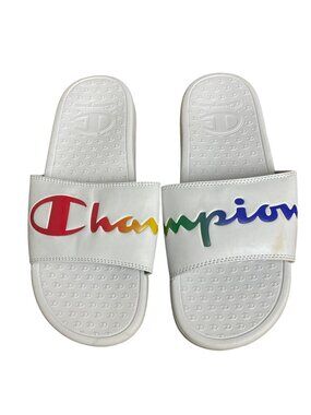 Champion Rainbow Spellout Super Slide Split Script Sandals Sz 8